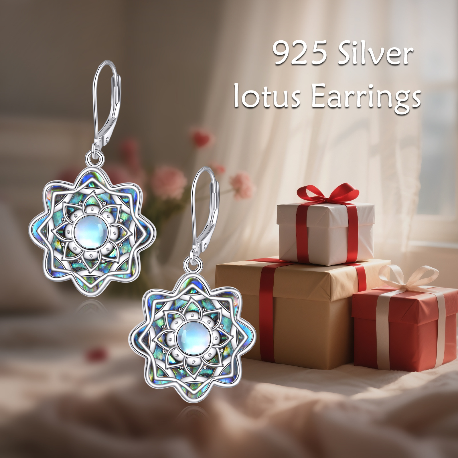 Women's 925 Sterling Silver Moonstone Lotus Flower Dangle Earrings